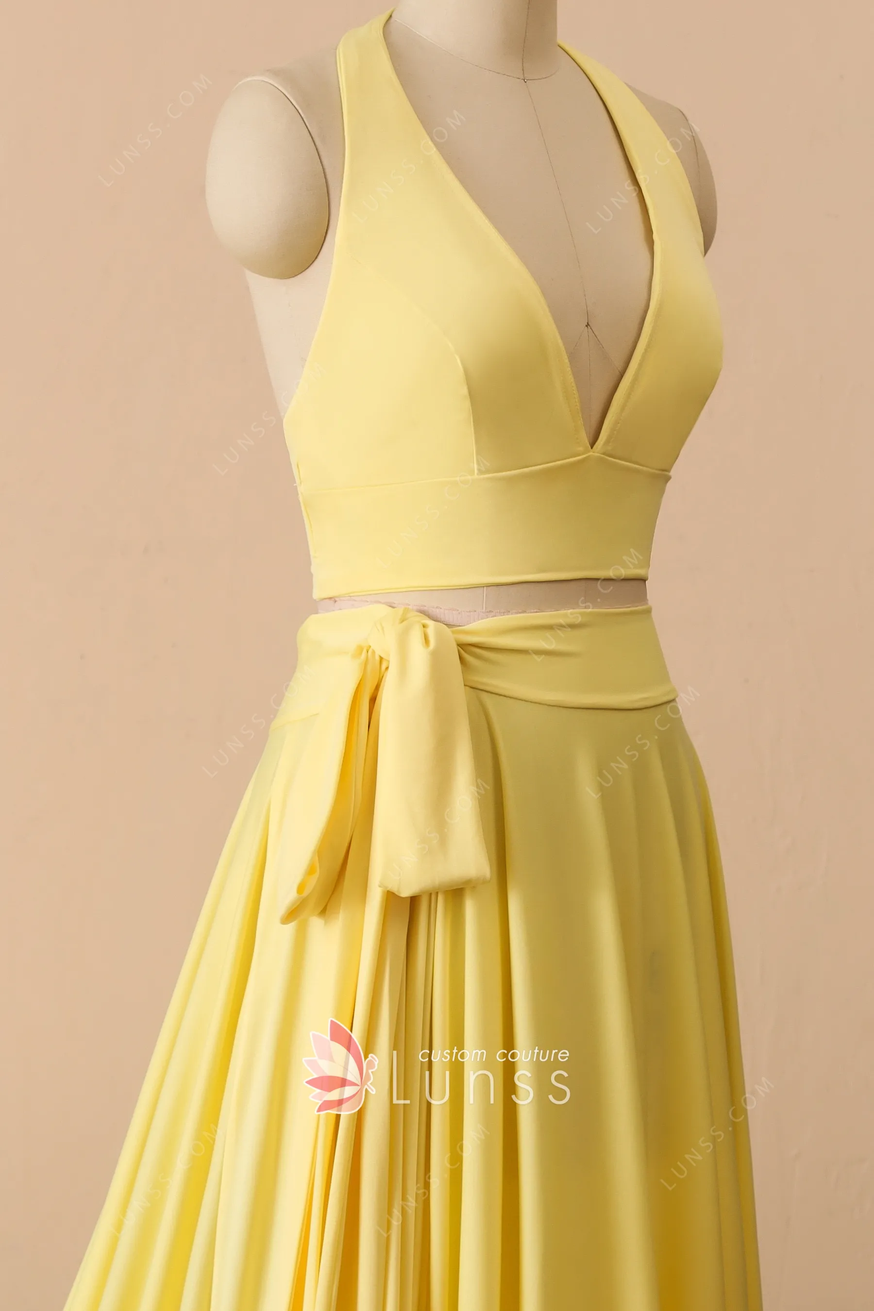 Bright Yellow Two Pieces Halter Neck Prom Dresses Beadings High Slit Party  Dresses,MP493