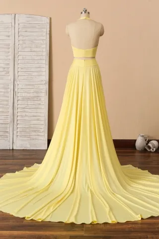 open back yellow jersey long train prom dress