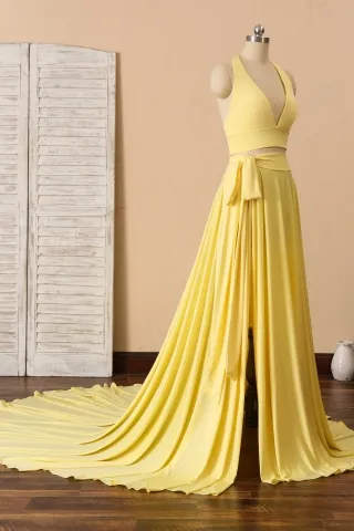 yellow jersey halter two piece slit gown