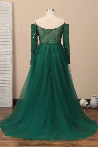 off the shoulder long sleeve hunter green prom dress