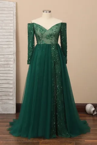 sequinned hunter green lace and tulle long prom dress
