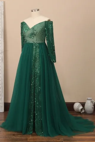 sequinned hunter green lace tulle dress