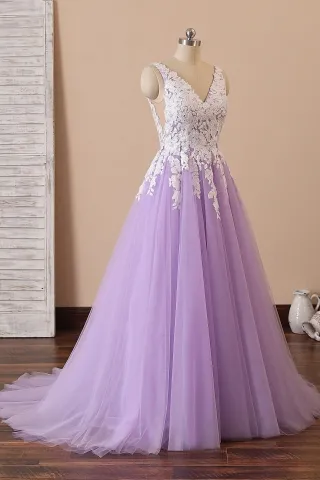 fairy lilac tulle lace v neck prom dress