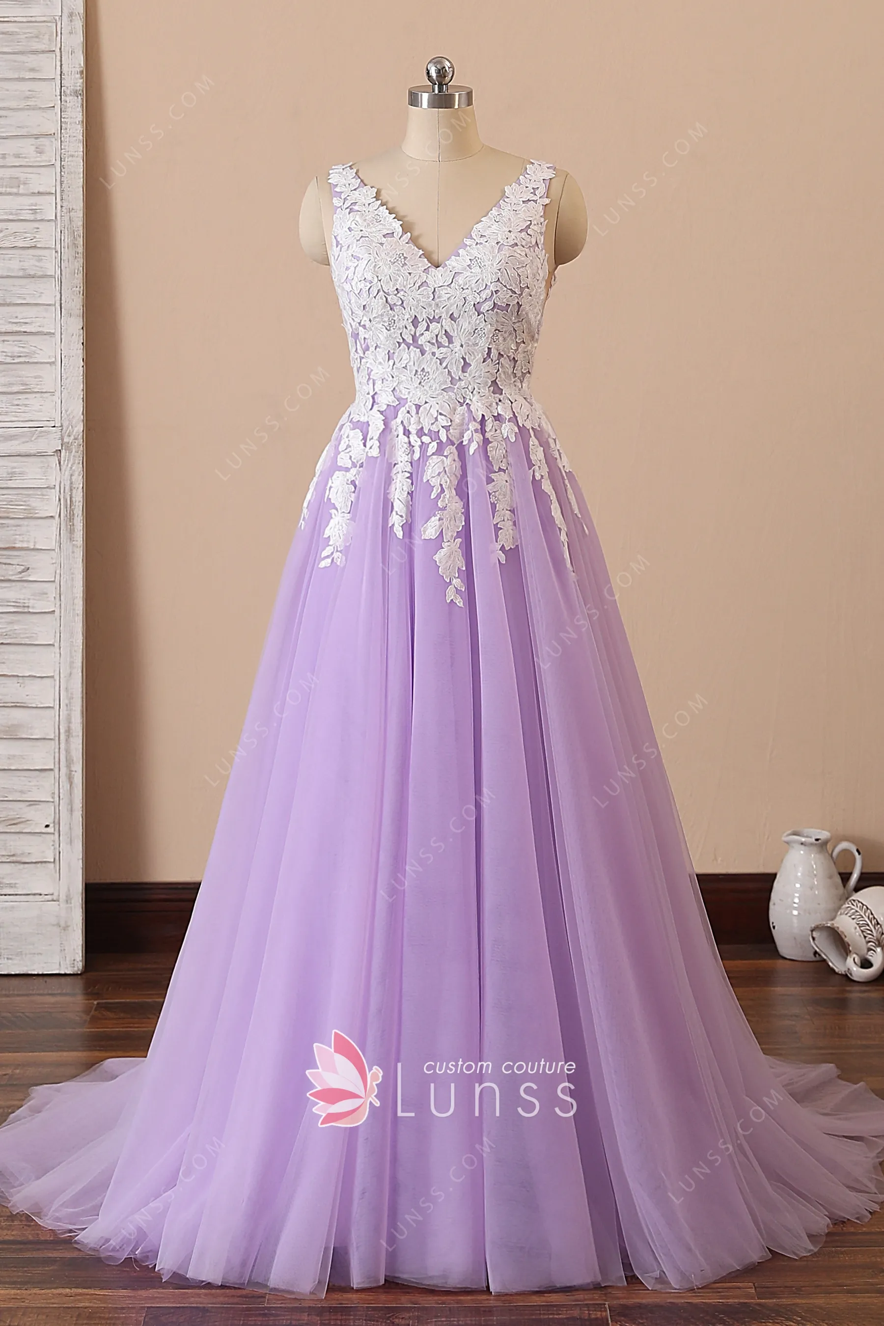 lavender tulle prom dress