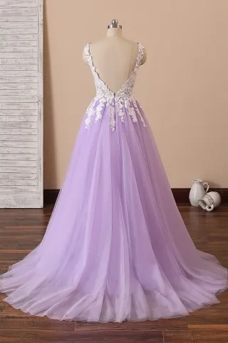 low V back lace and tulle puffy prom gown