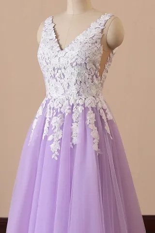 white lace V neck lilac tulle fairy prom dress
