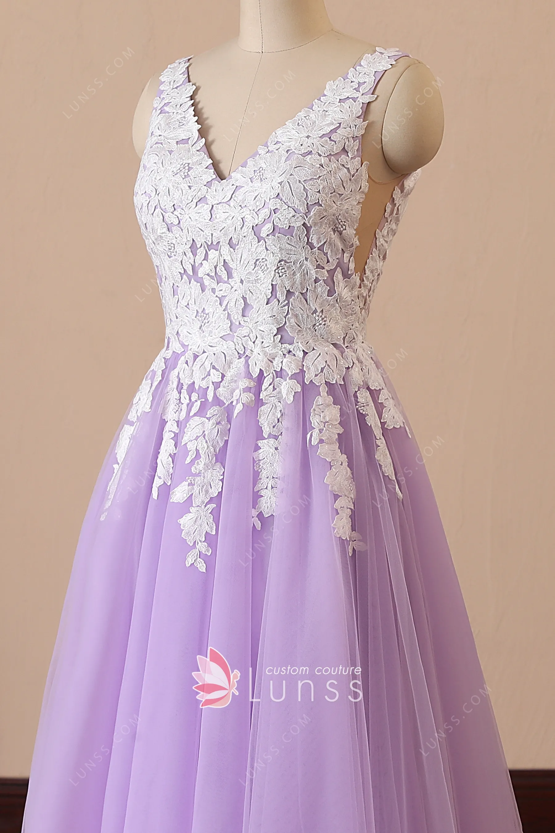 Lilac Tulle A-line V-neck Lace Up Long Prom Dress MP663