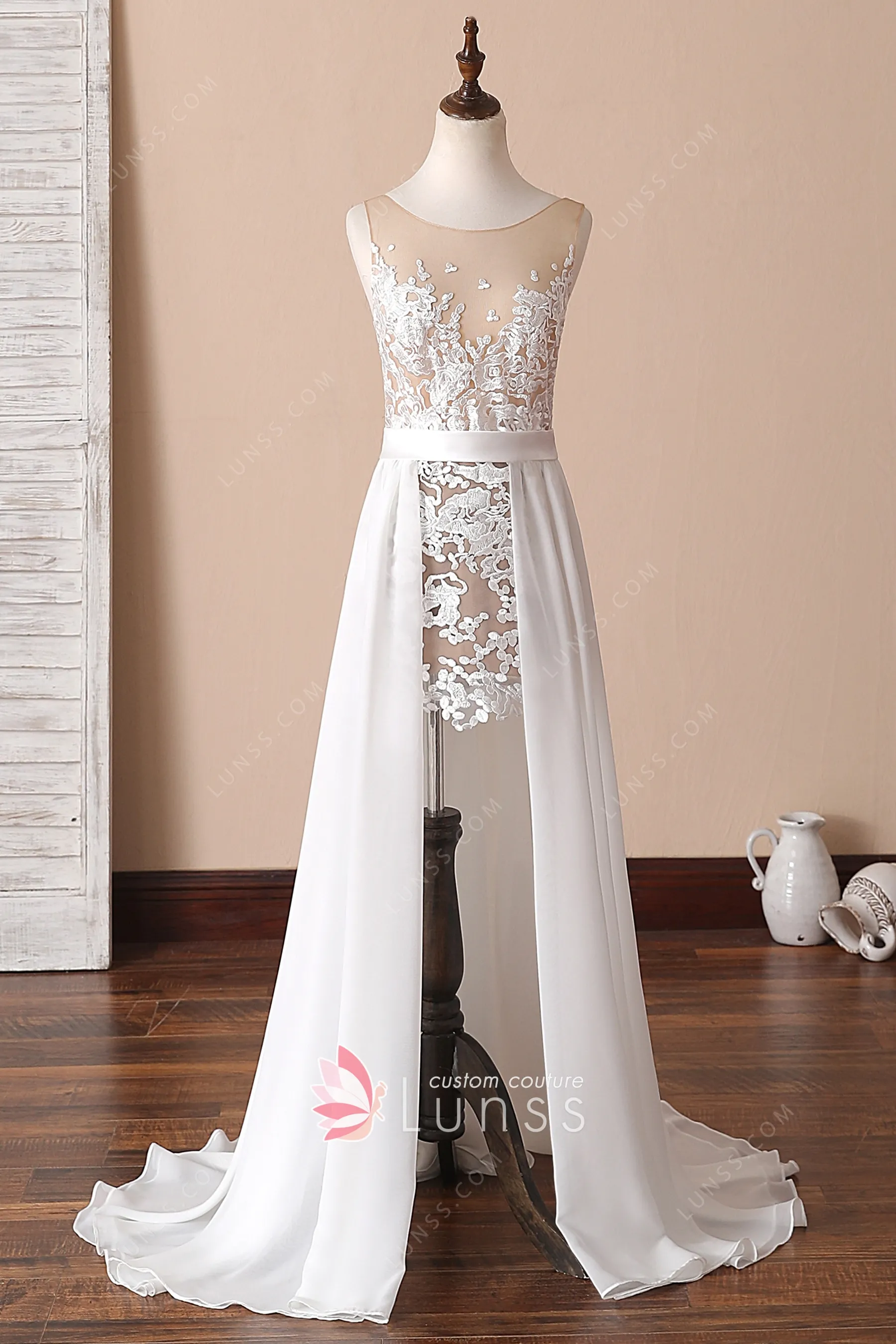 Illusion Sheer White Lace and Chiffon Overskirt Dress Lunss