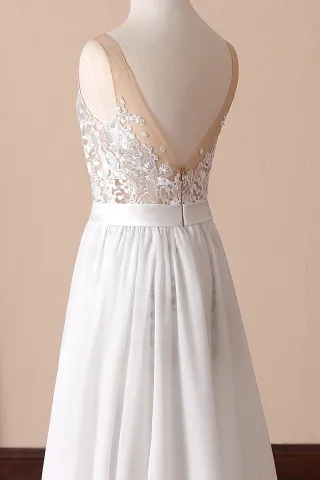 low V back white lace and chiffon overskirt dress
