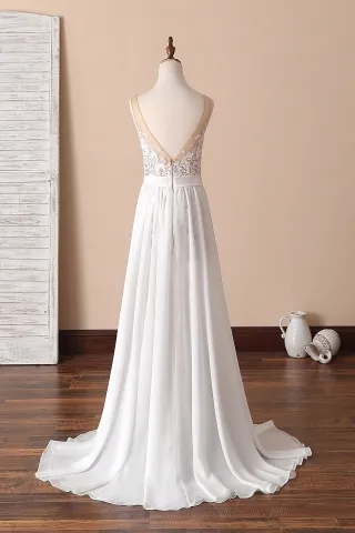 sheer white chiffon overksirt V back long dress
