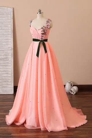 fairy flowers coral pink corset formal gown