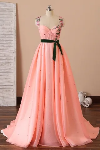 fairy flowers strap pearled coral pink corset formal gown