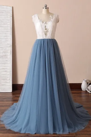 illusion white lace and dusty blue tulle two tone dress