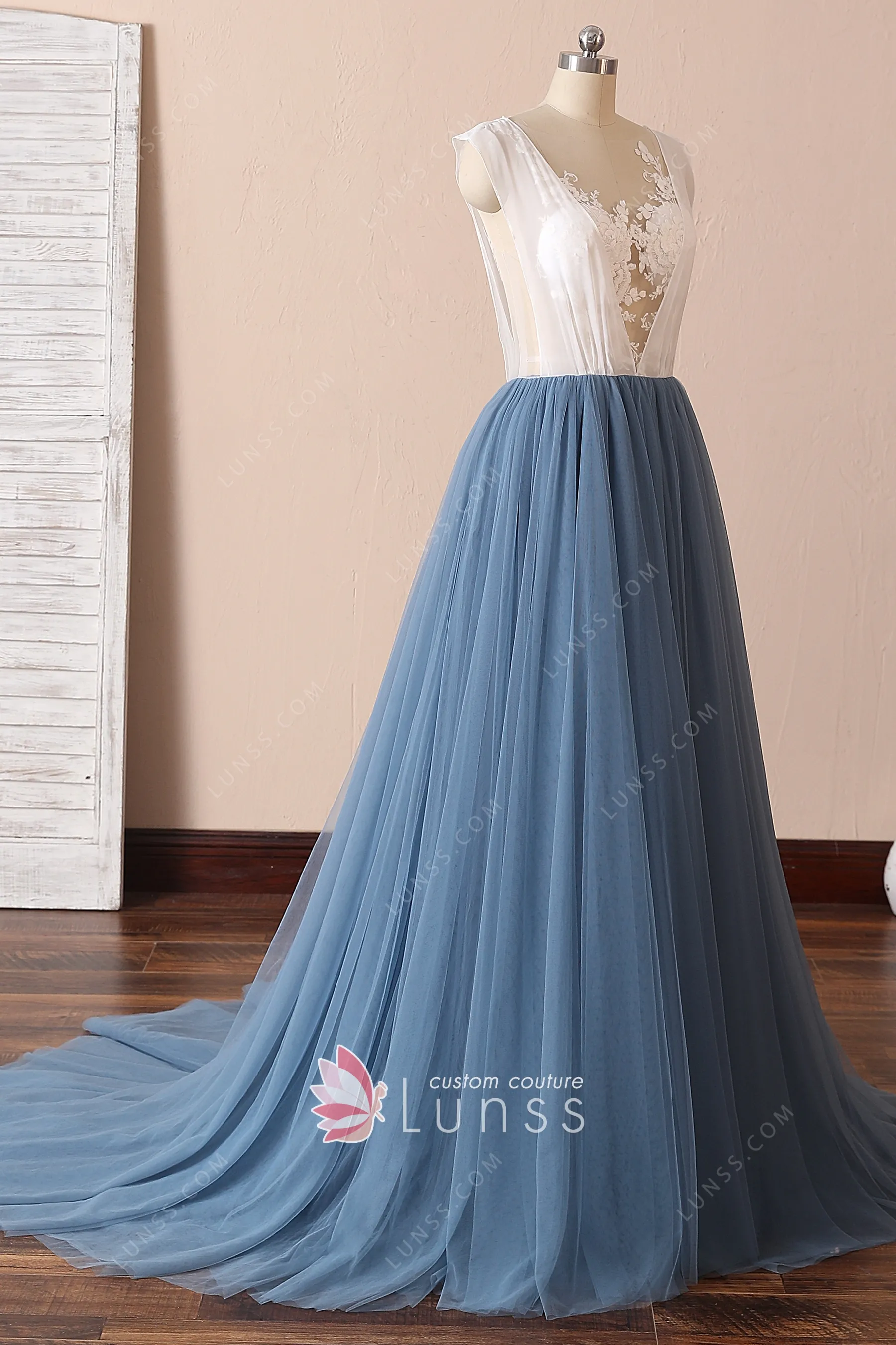 Long Tulle Dresses with Illusion Neckline Dusty Blue Plus Size main image 0