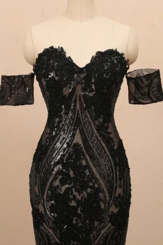 black off the shoulder sequin prom gown