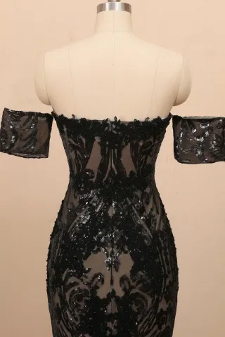 black off the shoulder short sleeve prom dress