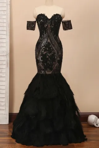 black unique sequin and big feather trumpet prom dress