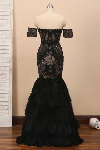 dramatic off the shoulder sequin feather trumpet prom dress