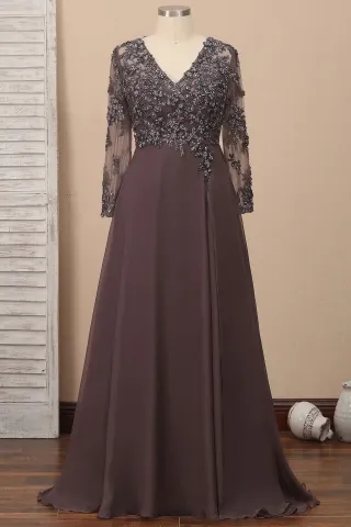beaded lace v neck long sleeve brown chiffon slit dress