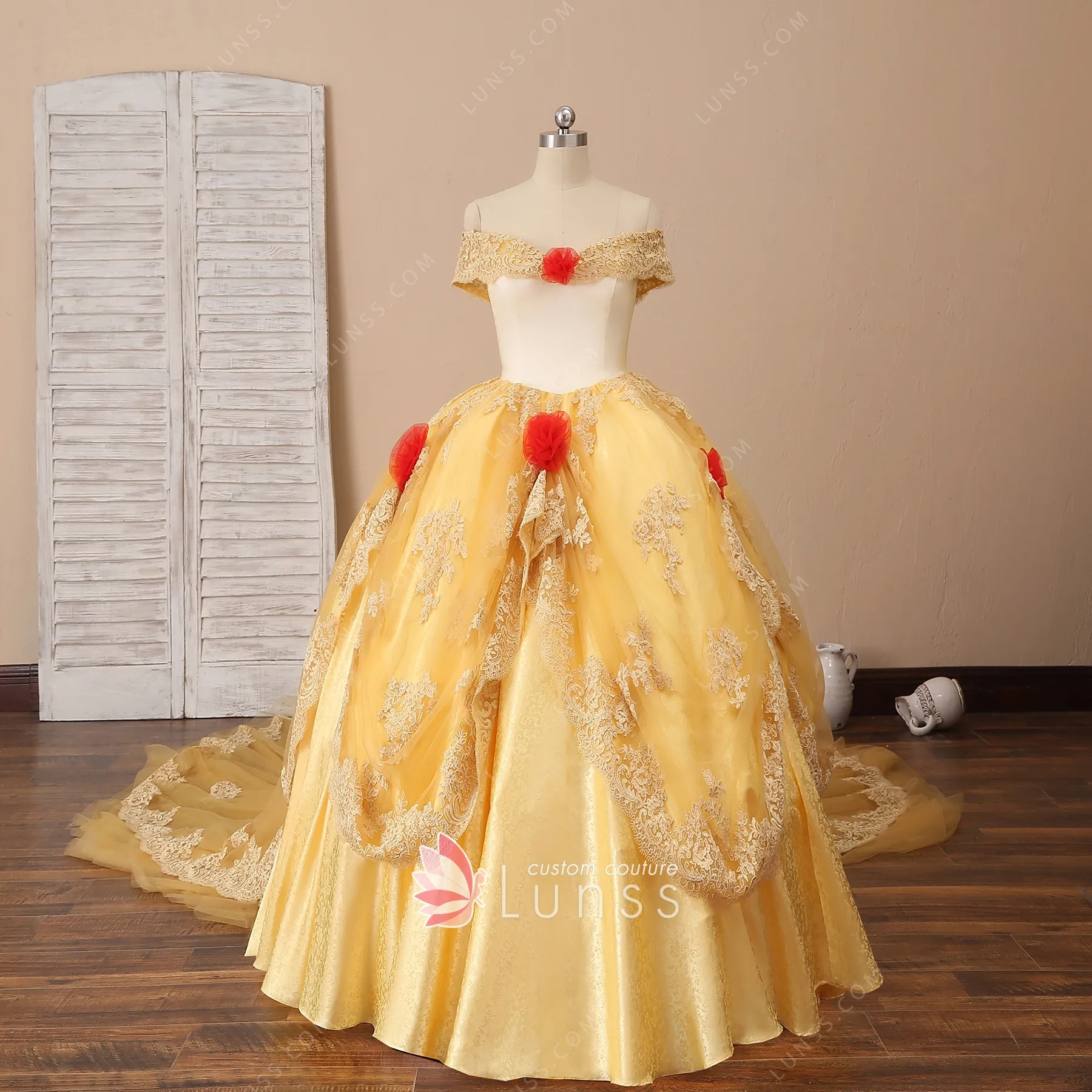 A Line Floor Length Lace Yellow Tulle Long Prom Dress, Yellow Lace For –  abcprom