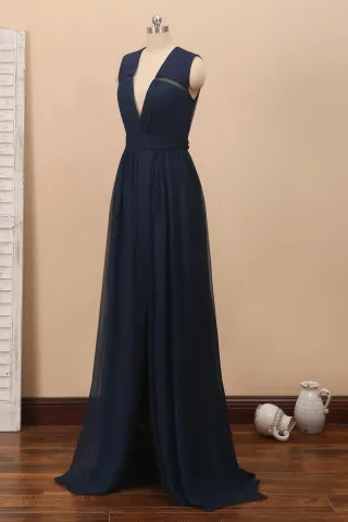 celebrity inspired navy chiffon A line long dress