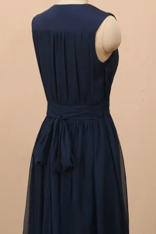 navy chiffon sleeveless dress with zipper up back