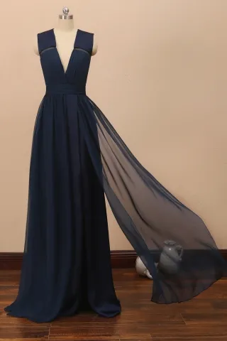 plunging v neck navy chiffon slit dress