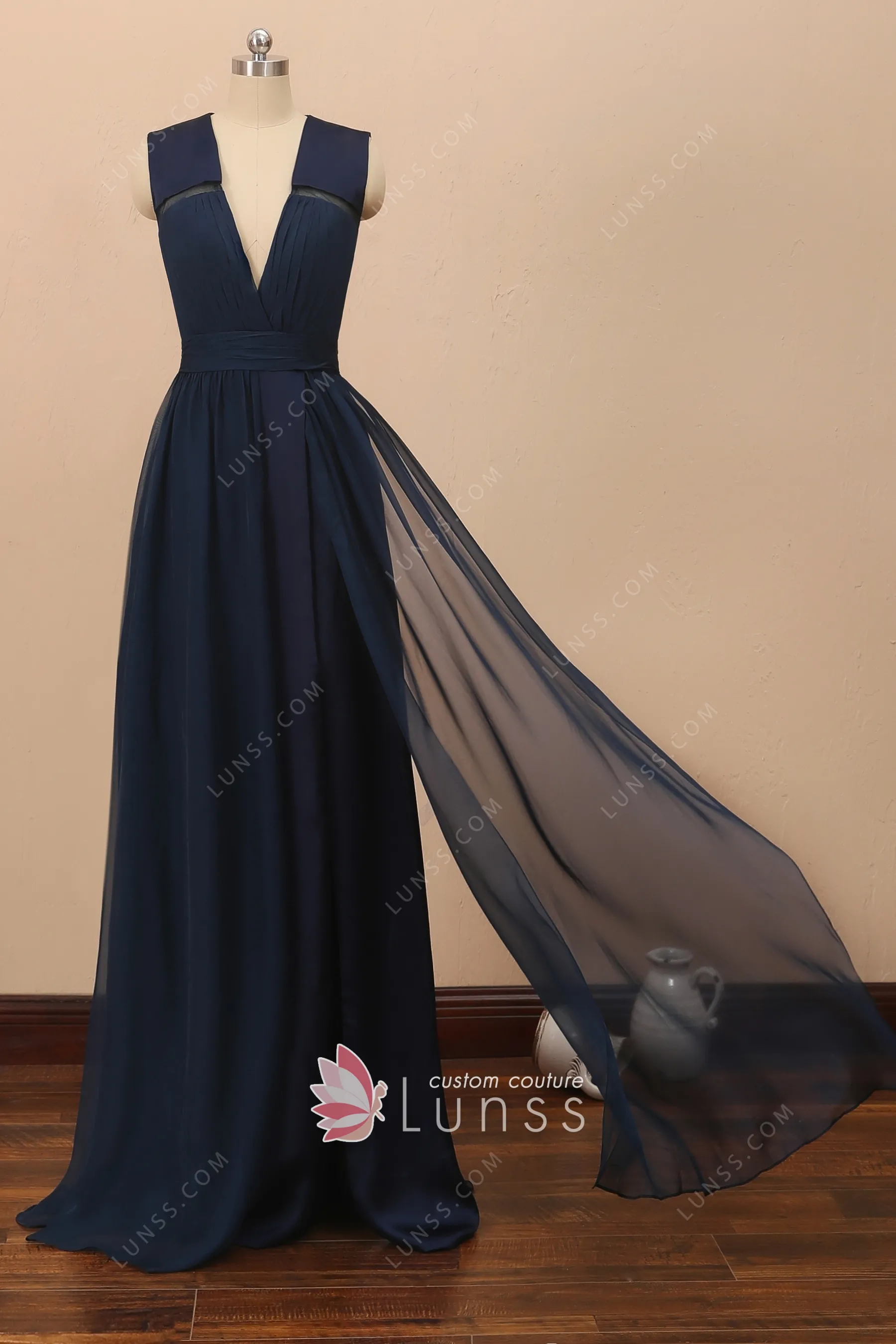Sweep Train Chiffon Sexy Dress with Slit Dark Navy Plus Size