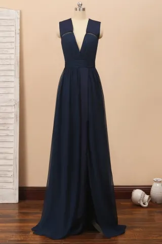 plunging v neck navy velvet chiffon slit celebrity dress