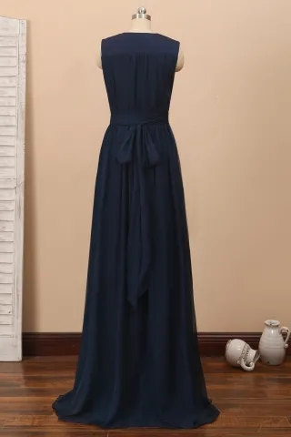 sleeveless navy velvet chiffon A line dress