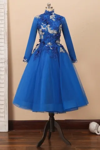 pearled lace appliqued high neck vintage tea length dress