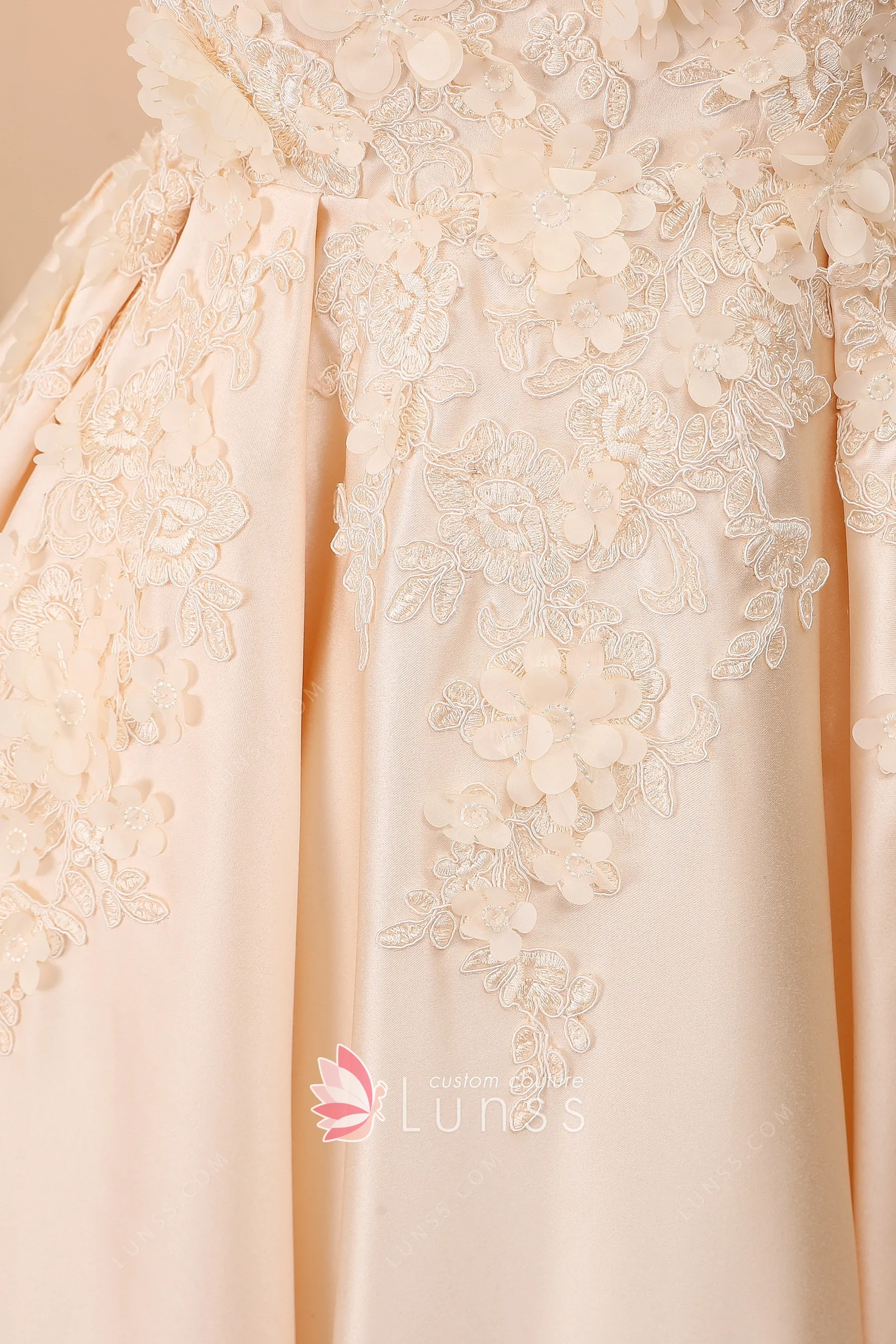 Satin Gown with V-neck and Floral Lace Appliques Champagne