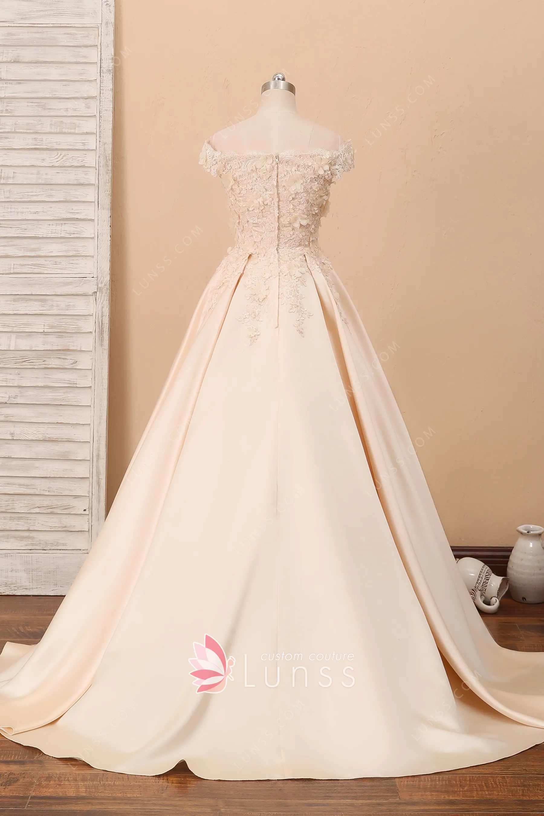 Champagne 3D Floral Lace and Satin Bridal Prom Ball Gown - Lunss
