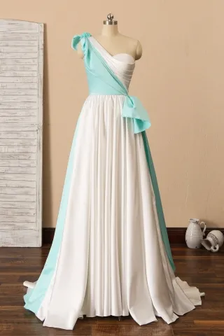 ivory and aqua two tone ruched one shoulder prom dress