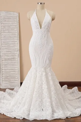 unique white sequin 3d rose halter mermaid prom dress