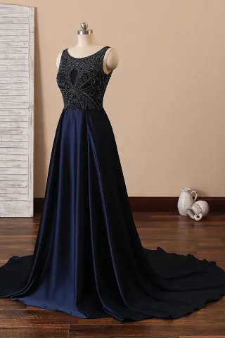 beaded bodice navy satin prom dress