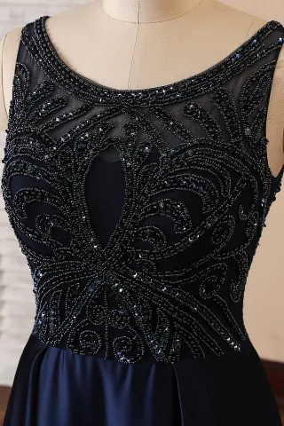 stunning beaded scoop neckline navy prom dress