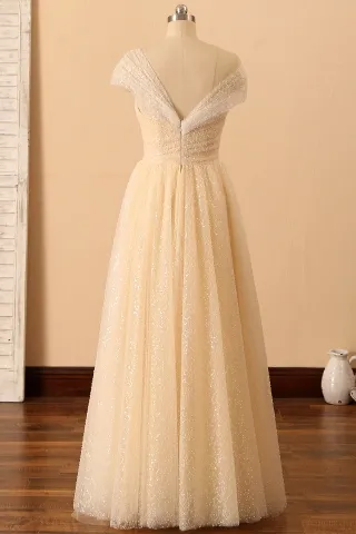 shimmery beaded asymmetrical neckline champagne A line long prom dress