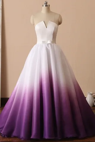 white to purple ombre satin and organza v cut ball gown
