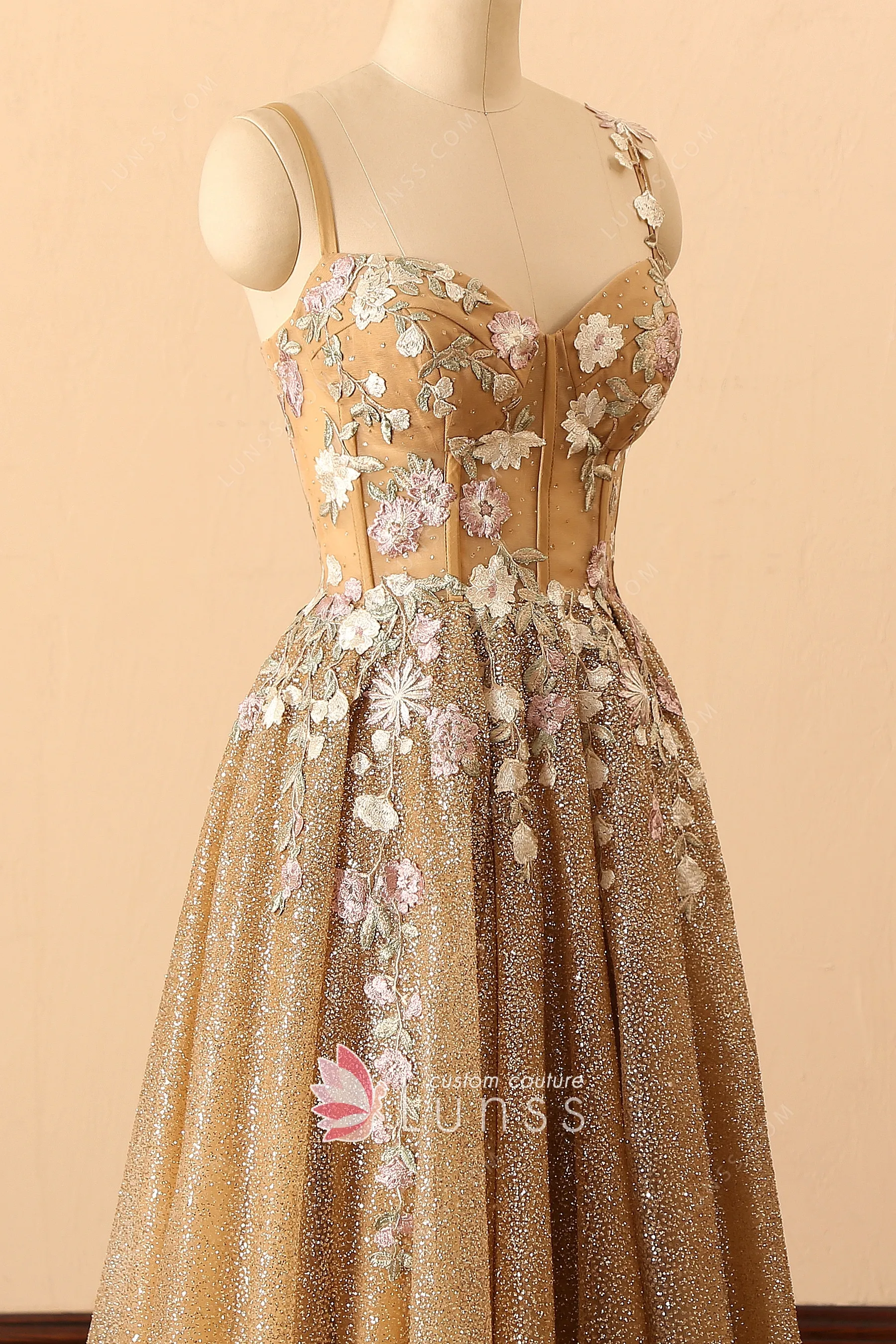 Appliqued Corset Top Short Glitter Prom Dress Daffodil