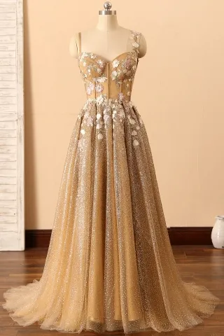 3d flowers corset bodice ombre gold glitter prom dress