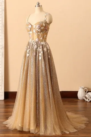 3d flowers corset gold glitter prom gown