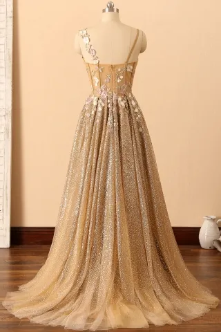 ombre gold glitter corset A line long prom dress