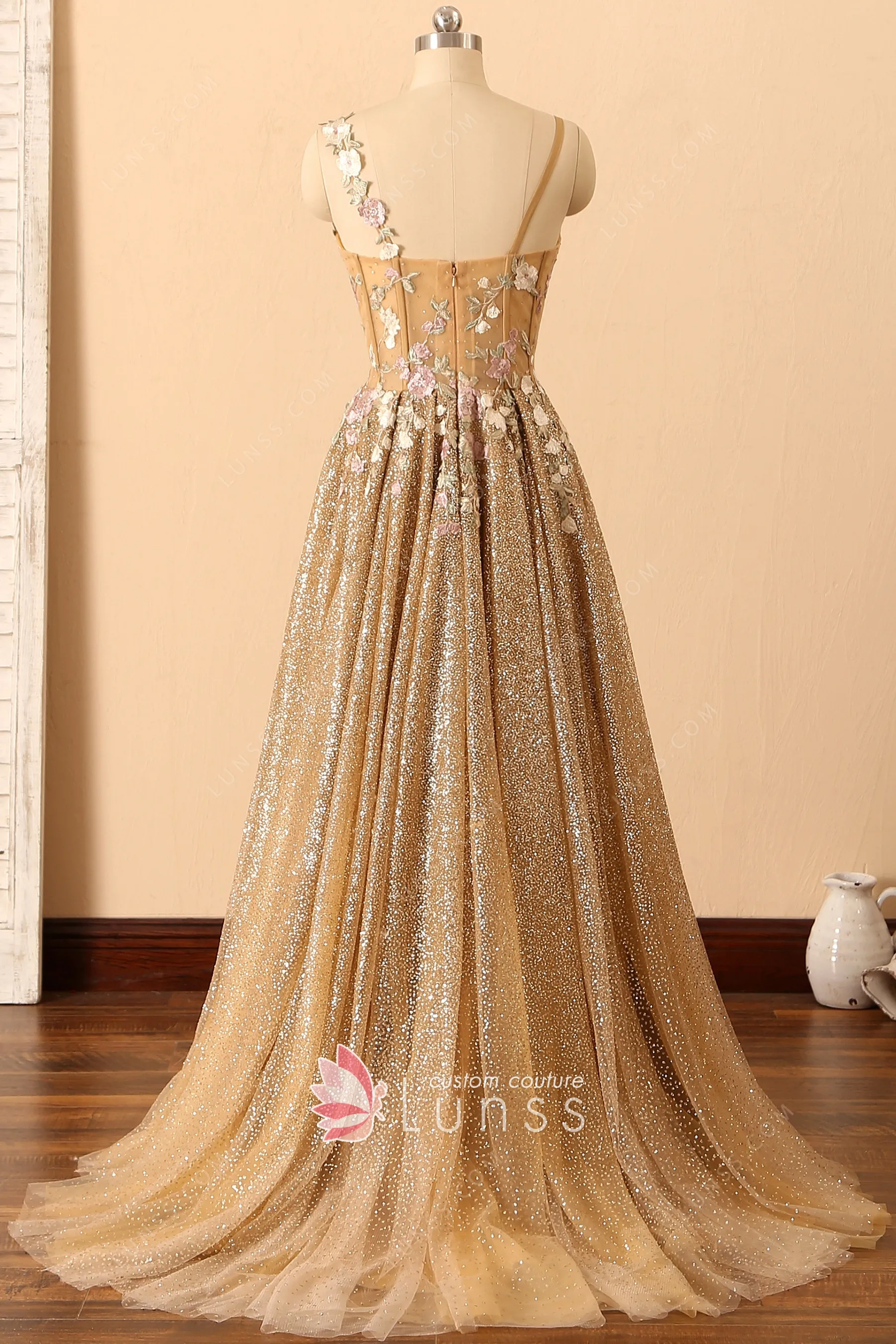 Appliqued Corset Top Short Glitter Prom Dress Periwinkle