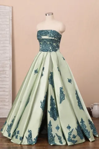 blue lace moss green satin ball gown