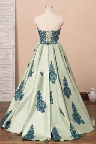 blue lace moss green satin lace up back ball gown prom dress
