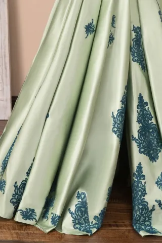 blue lace moss green satin split prom dress