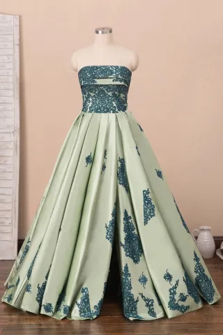 blue lace moss green satin strapless split prom ball gown