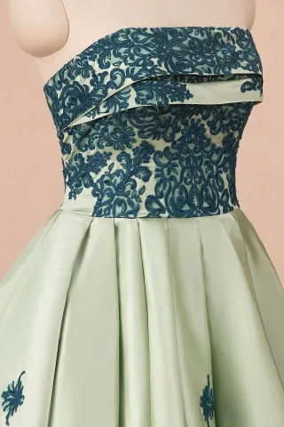 glamorous blue lace moss green satin folded neckline strapless prom dress
