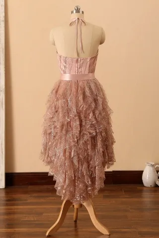 low back rose gold glitter ruffled dress